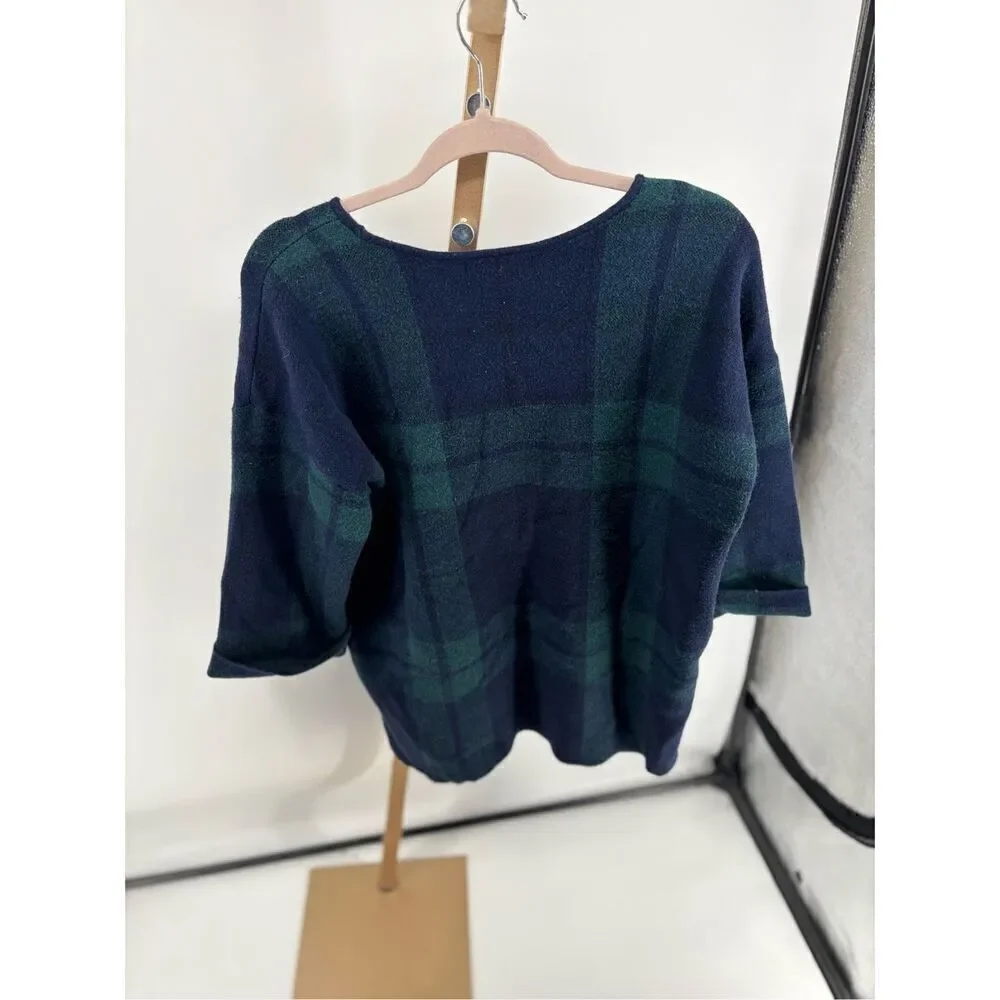 Tahari Plaid Knit Sweater Womens 1X Blue Green Crewneck Long Sleeve Top